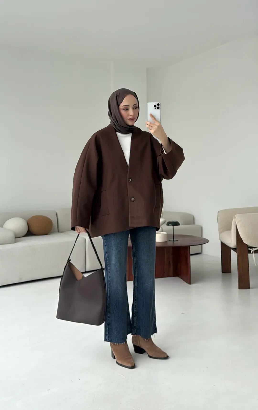 Soft Oversize Kaşe Kaban Kahve - Görsel 5