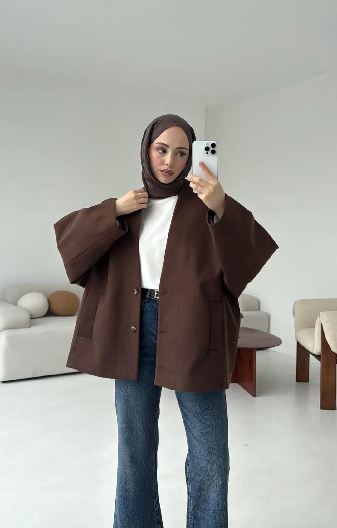 Soft Oversize Kaşe Kaban Kahve - Görsel 6