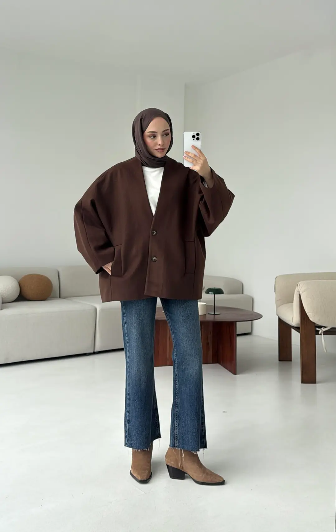 Soft Oversize Kaşe Kaban Kahve - Görsel 9