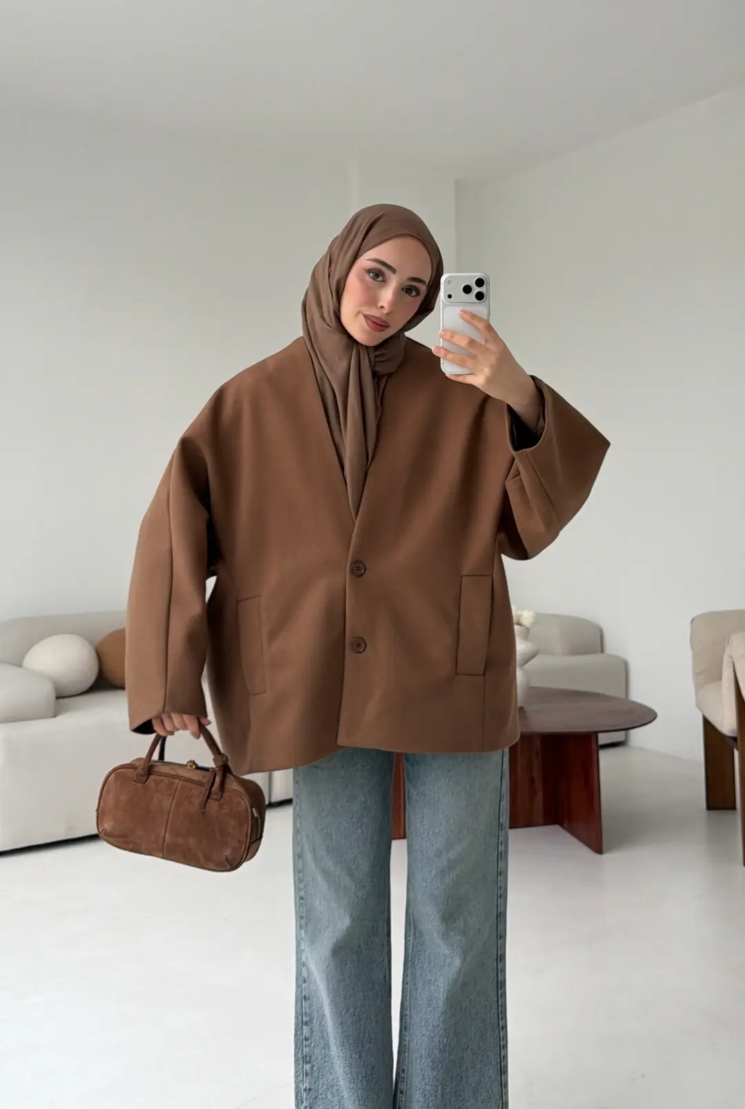 Soft Oversize Kaşe Kaban Kestane Kahve - Görsel 2