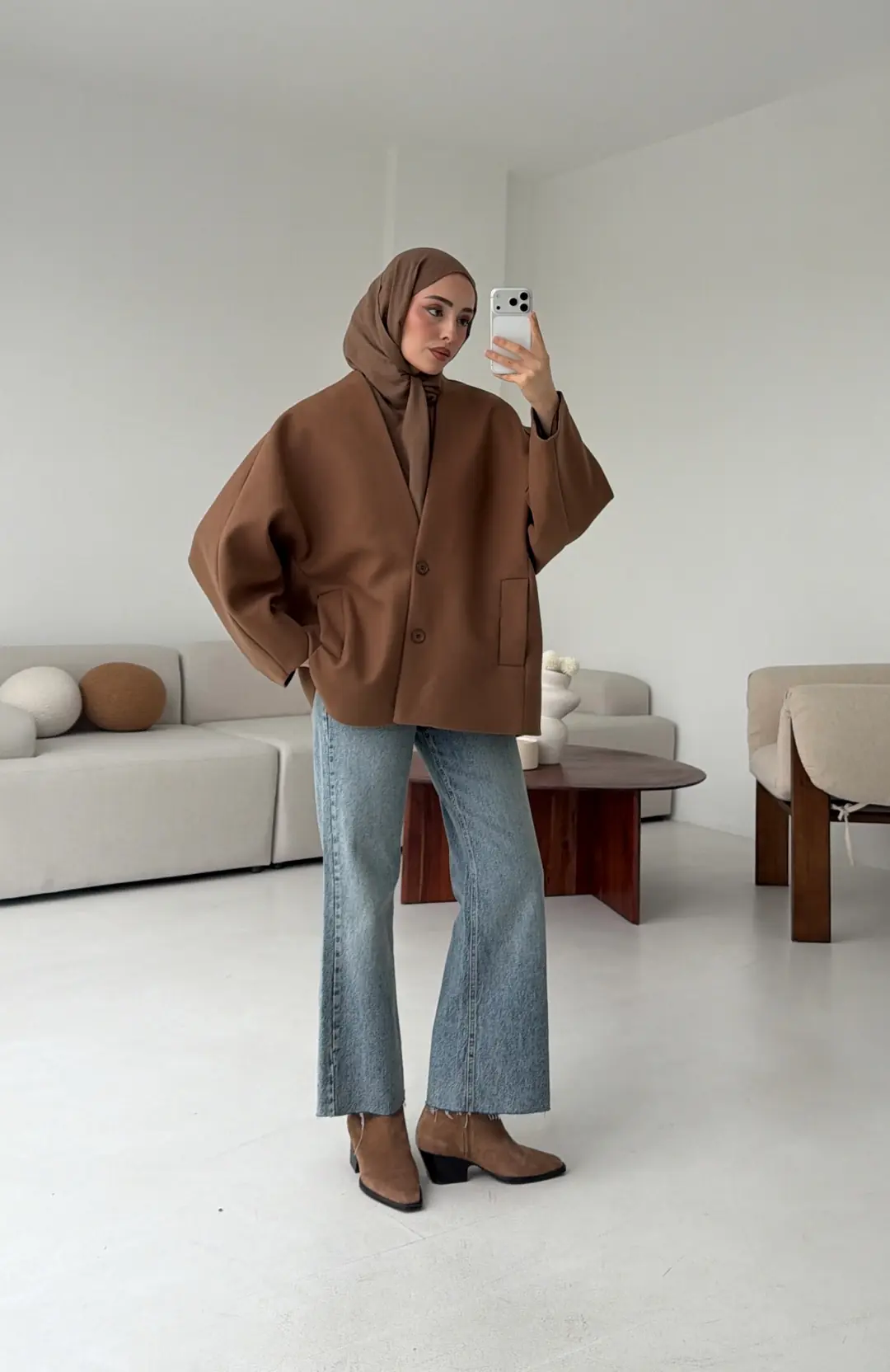 Soft Oversize Kaşe Kaban Kestane Kahve - Görsel 4