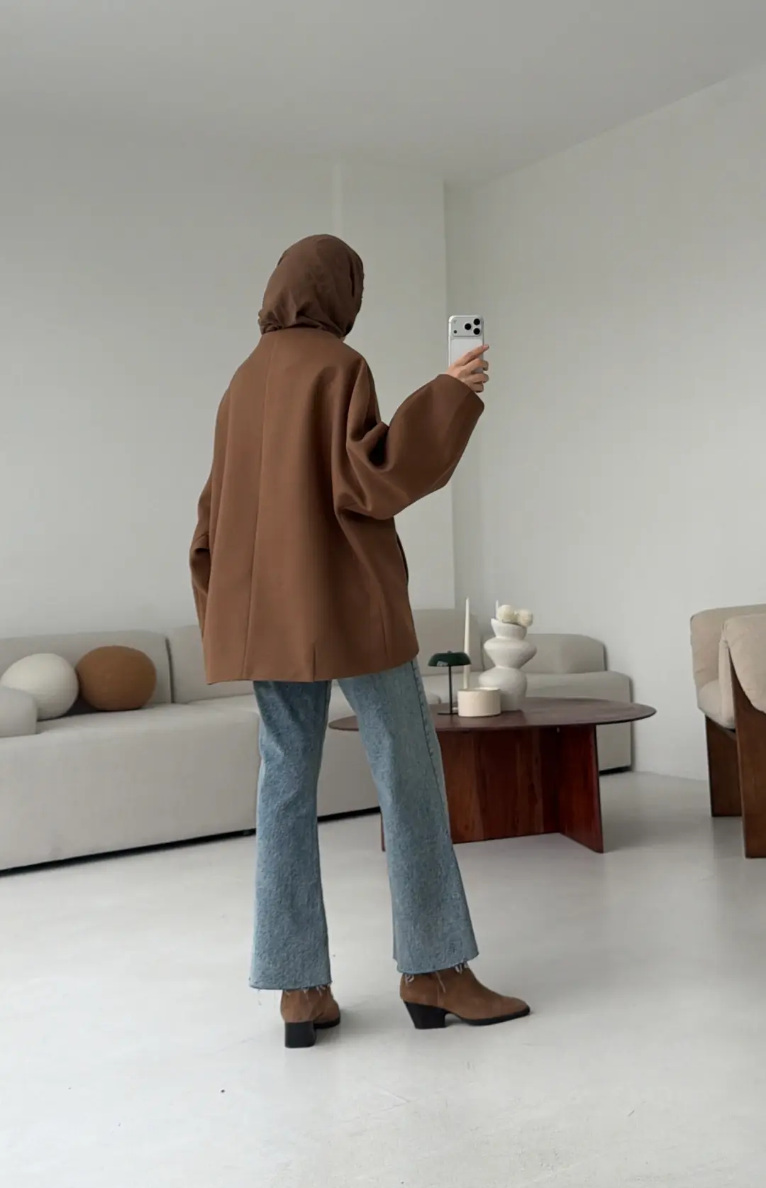 Soft Oversize Kaşe Kaban Kestane Kahve - Görsel 6