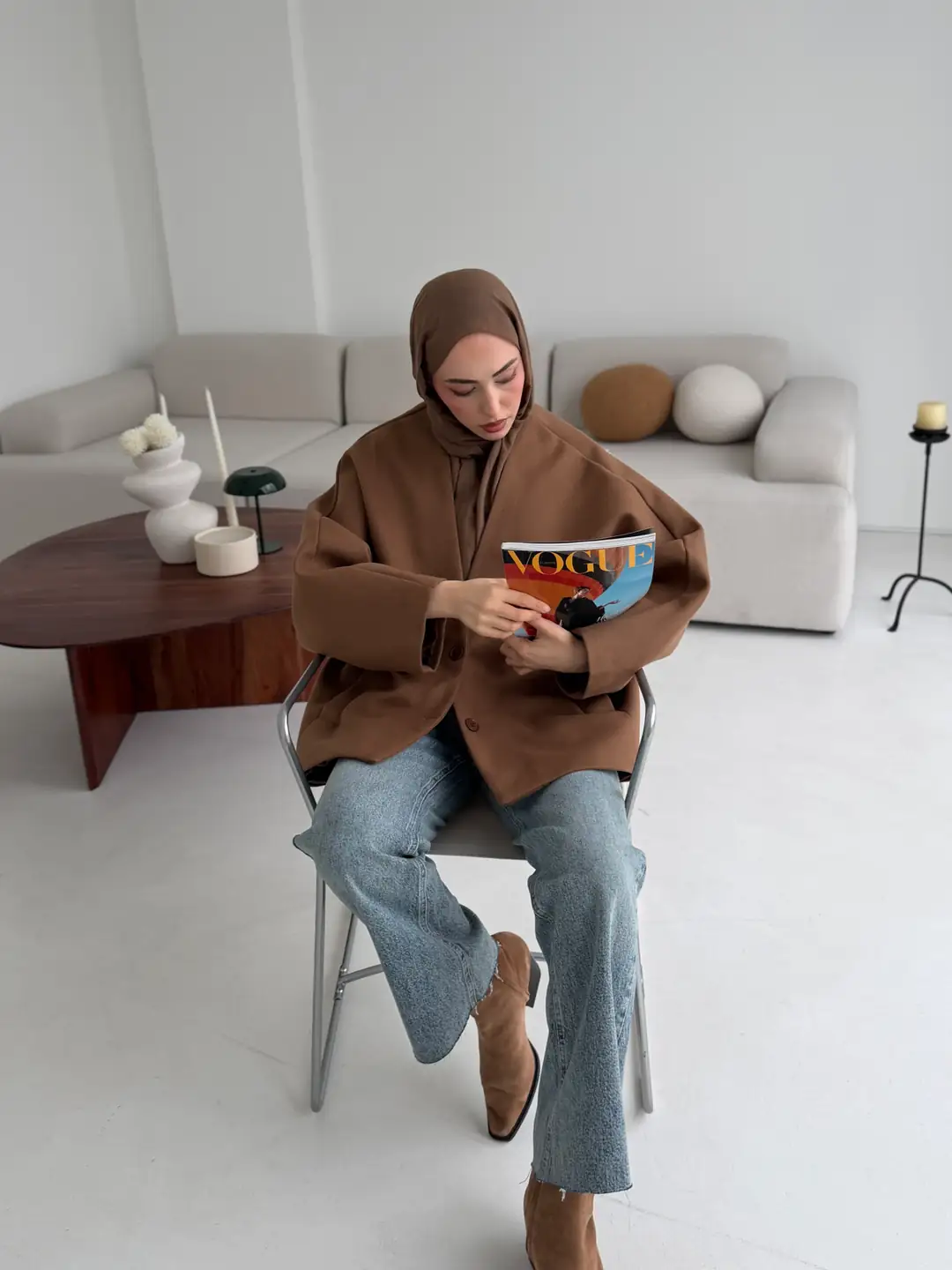 Soft Oversize Kaşe Kaban Kestane Kahve - Görsel 7