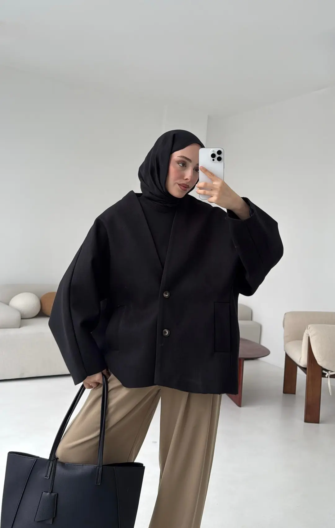 Soft Oversize Kaşe Kaban Siyah - Görsel 5