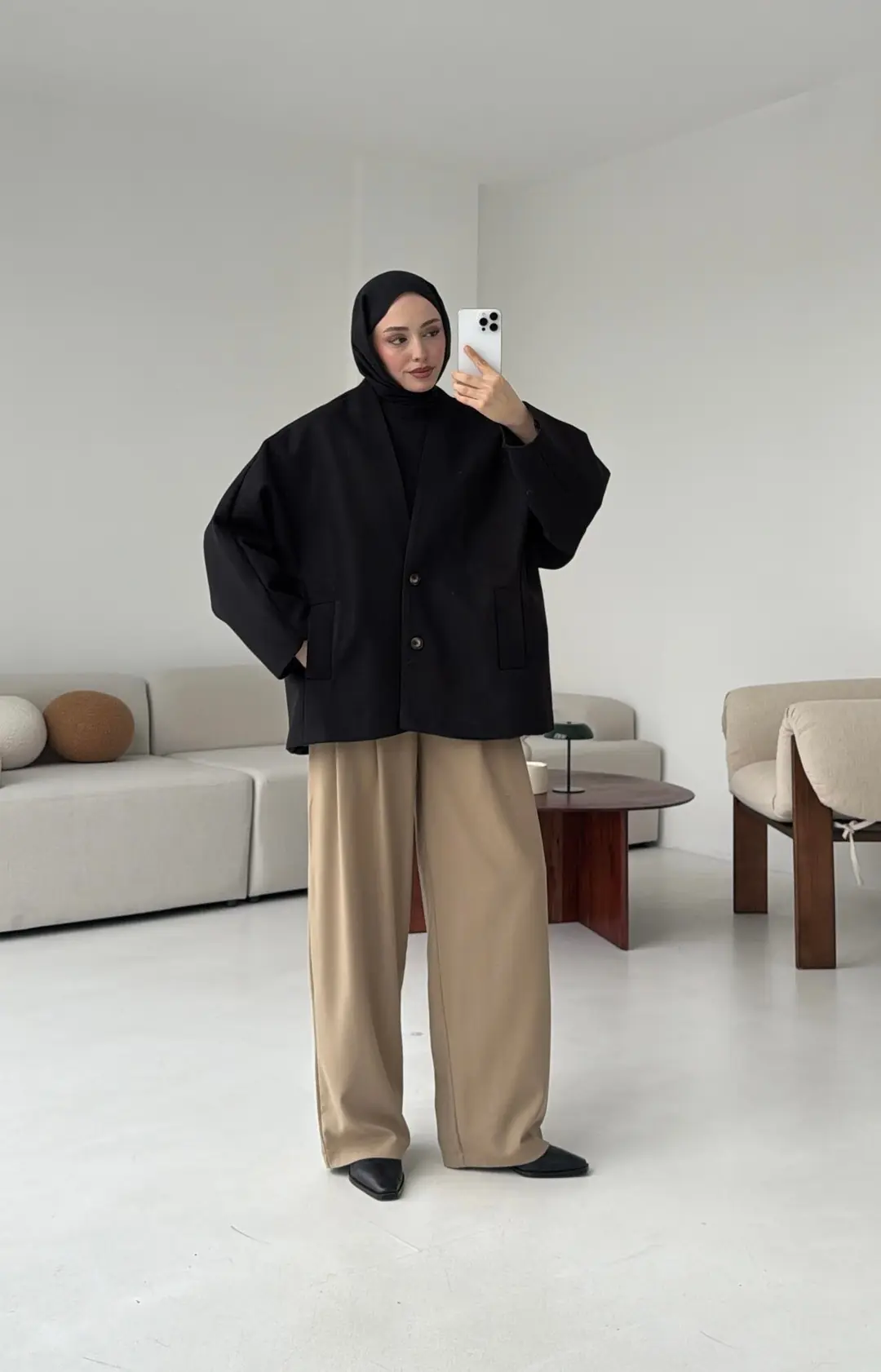 Soft Oversize Kaşe Kaban Siyah - Görsel 6