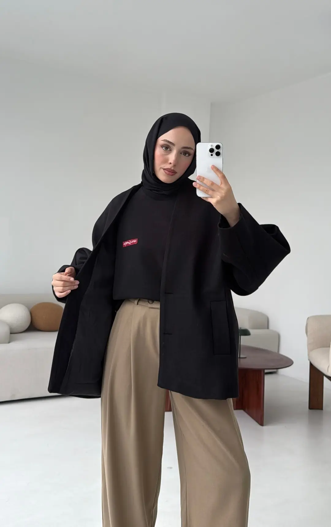 Soft Oversize Kaşe Kaban Siyah - Görsel 7