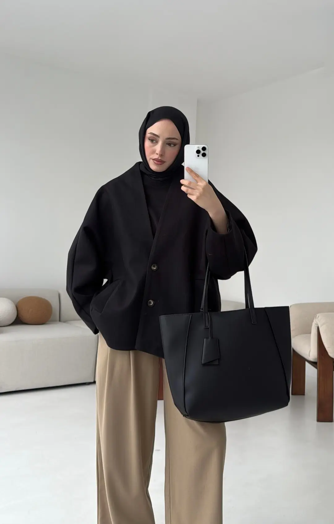 Soft Oversize Kaşe Kaban Siyah - Görsel 8