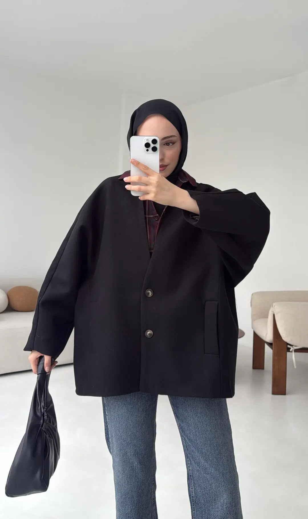 Soft Oversize Kaşe Kaban Siyah - Görsel 3