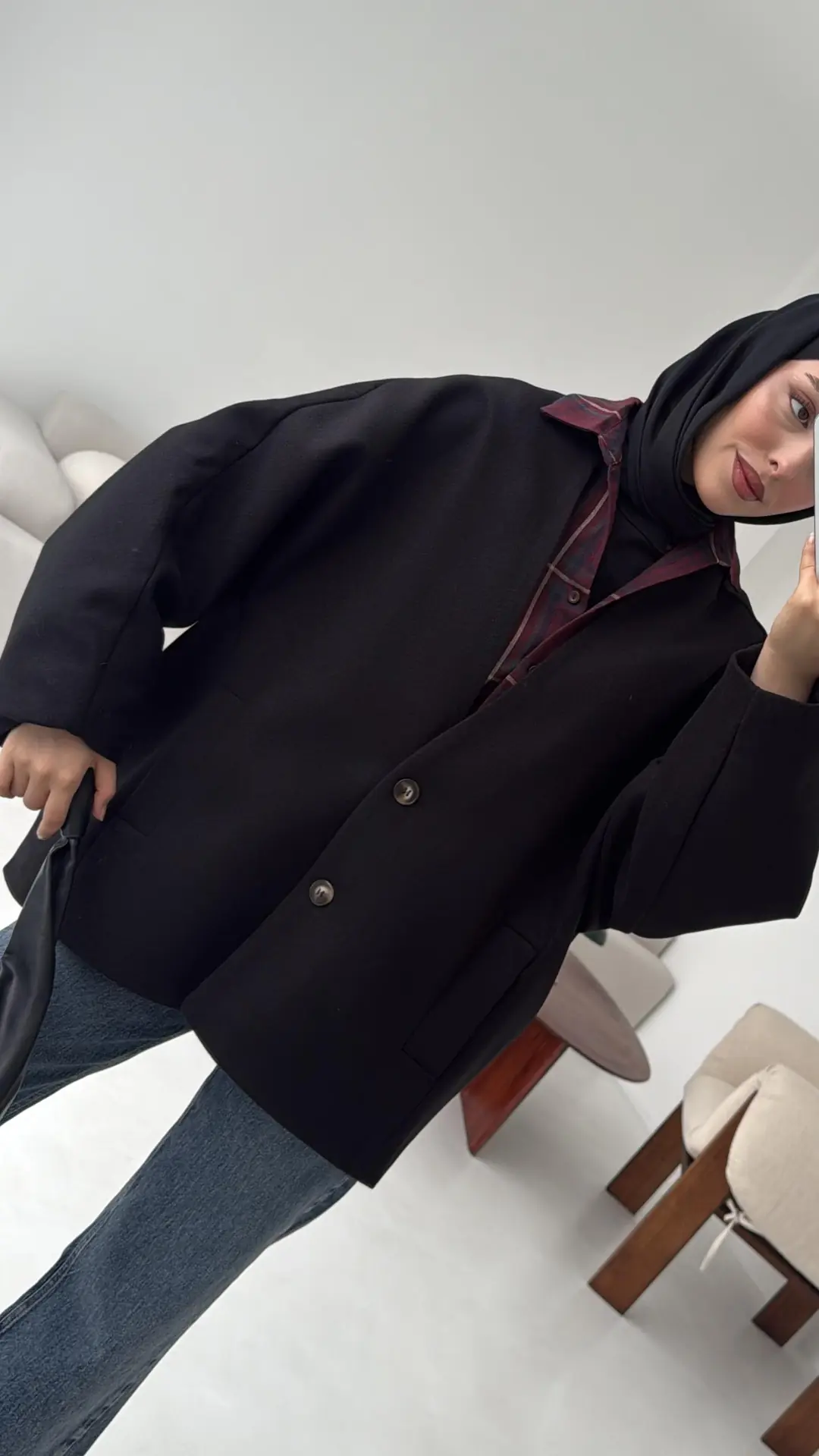 Soft Oversize Kaşe Kaban Siyah - Görsel 7