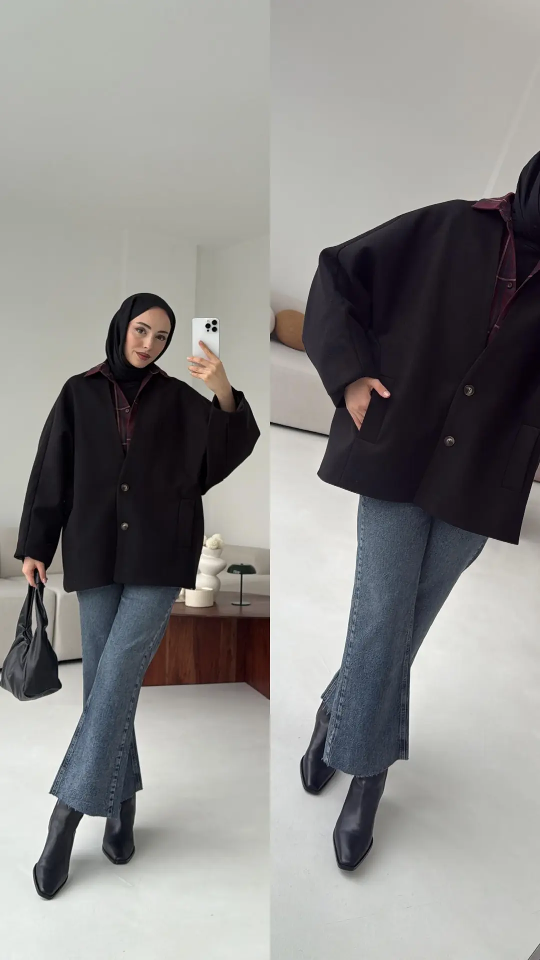 Soft Oversize Kaşe Kaban Siyah - Görsel 8