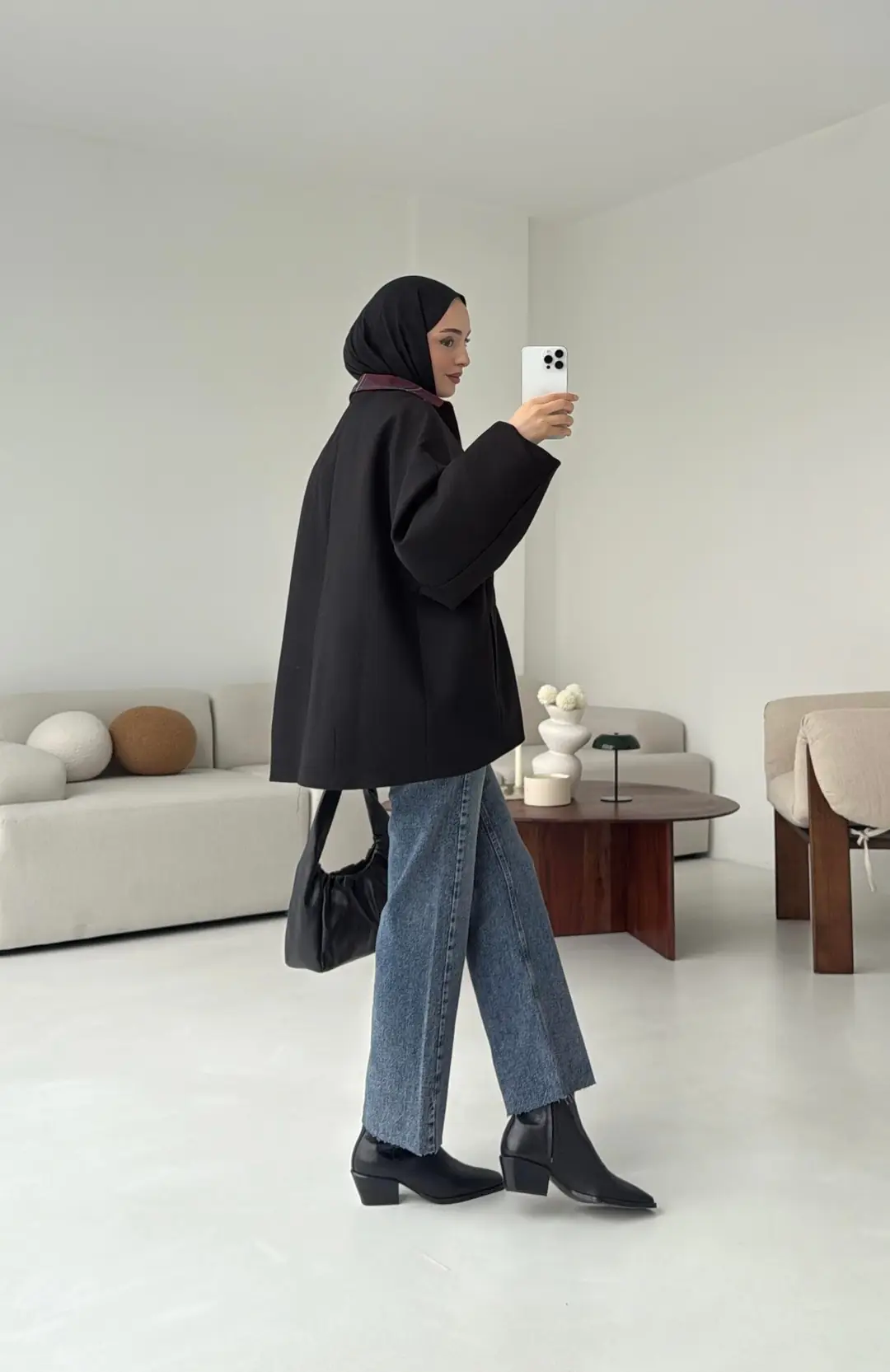 Soft Oversize Kaşe Kaban Siyah - Görsel 9