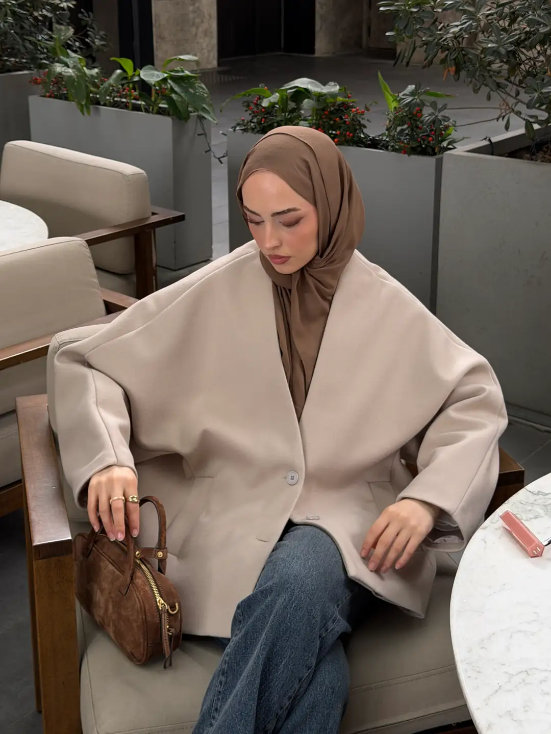 Soft Oversize Kaşe Kaban Taş - Görsel 4