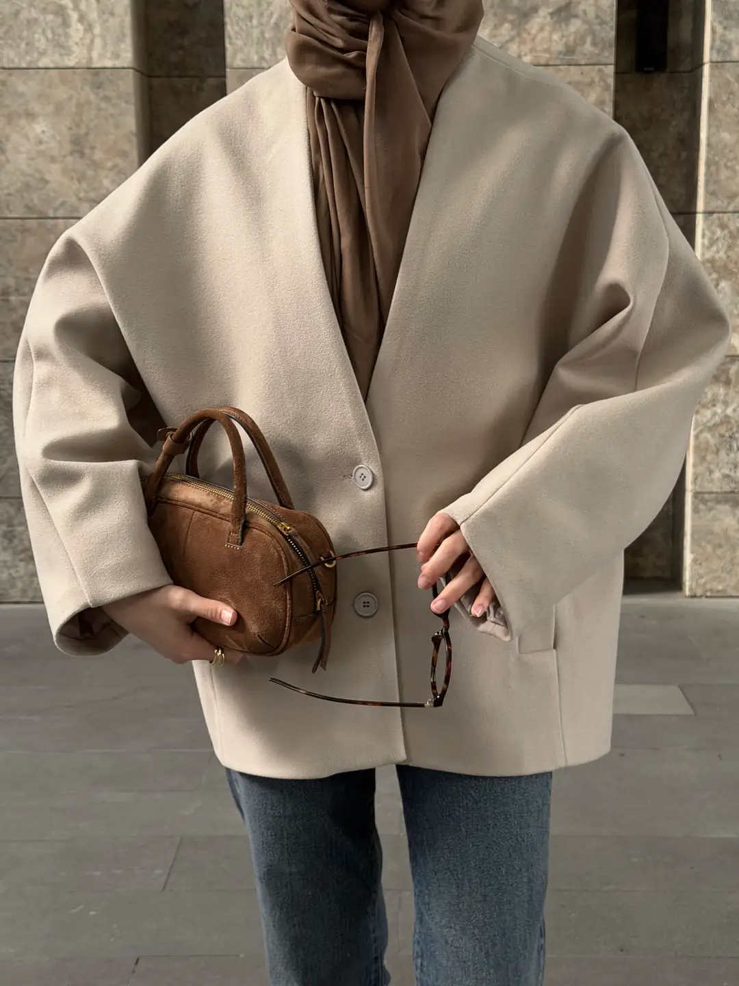 Soft Oversize Kaşe Kaban Taş - Görsel 6