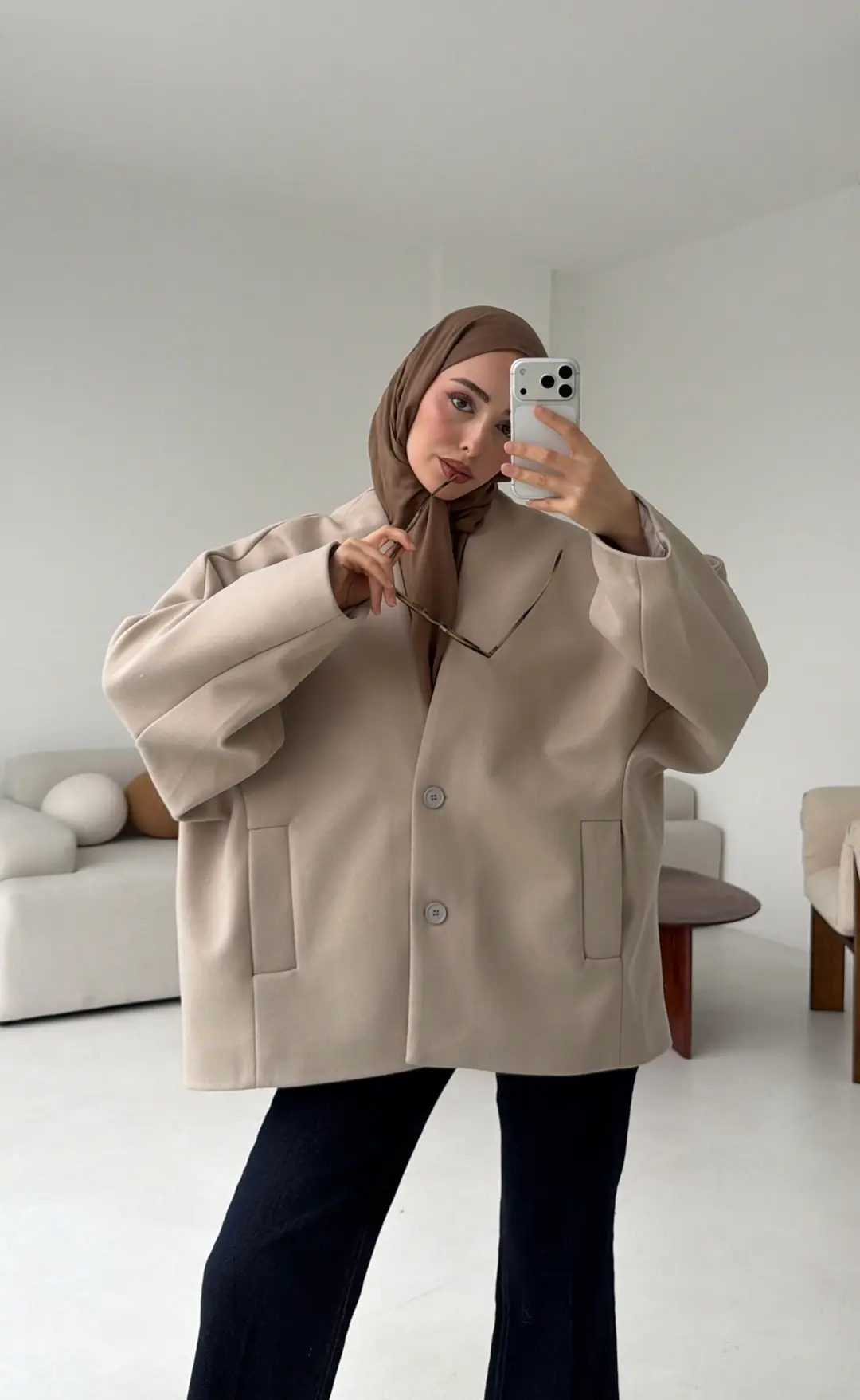 Soft Oversize Kaşe Kaban Taş - Görsel 3