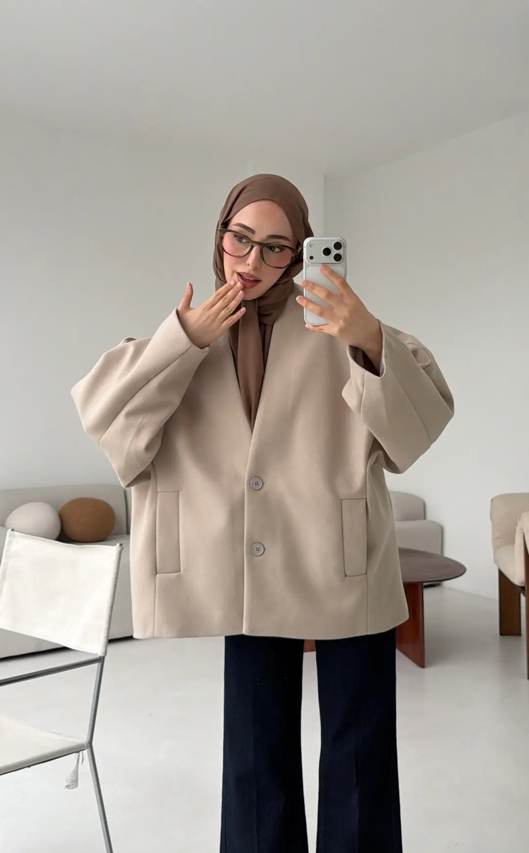 Soft Oversize Kaşe Kaban Taş - Görsel 6