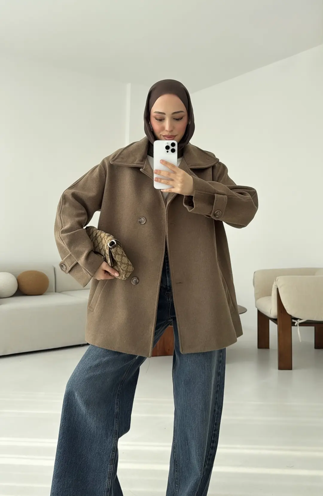 Sütlü Kahve Orta Boy Kaşe Kaban - Görsel 3