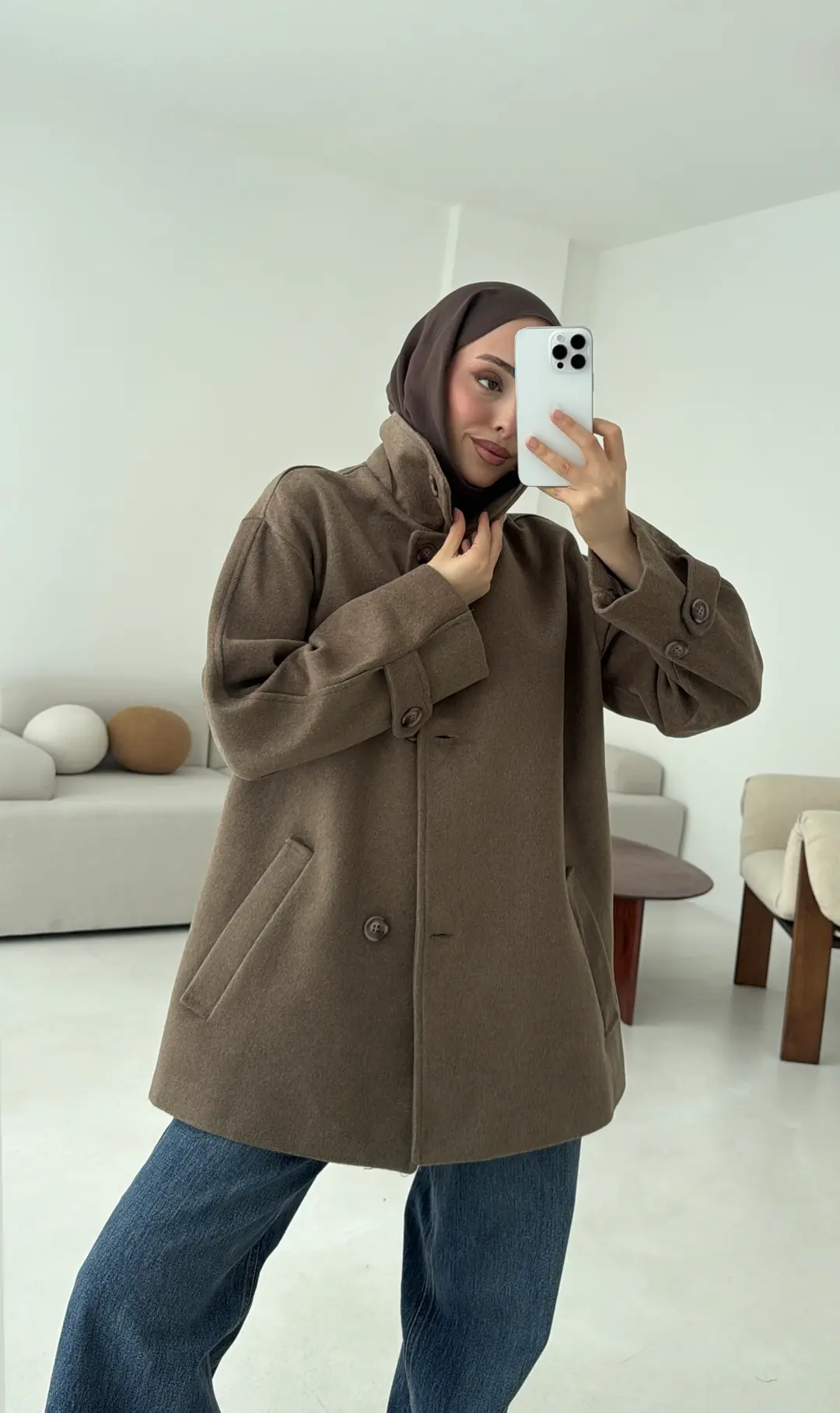 Sütlü Kahve Orta Boy Kaşe Kaban - Görsel 5