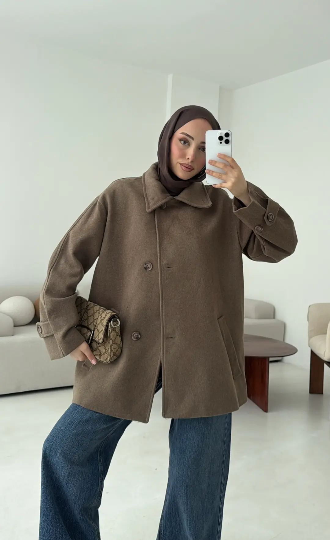 Sütlü Kahve Orta Boy Kaşe Kaban - Görsel 9