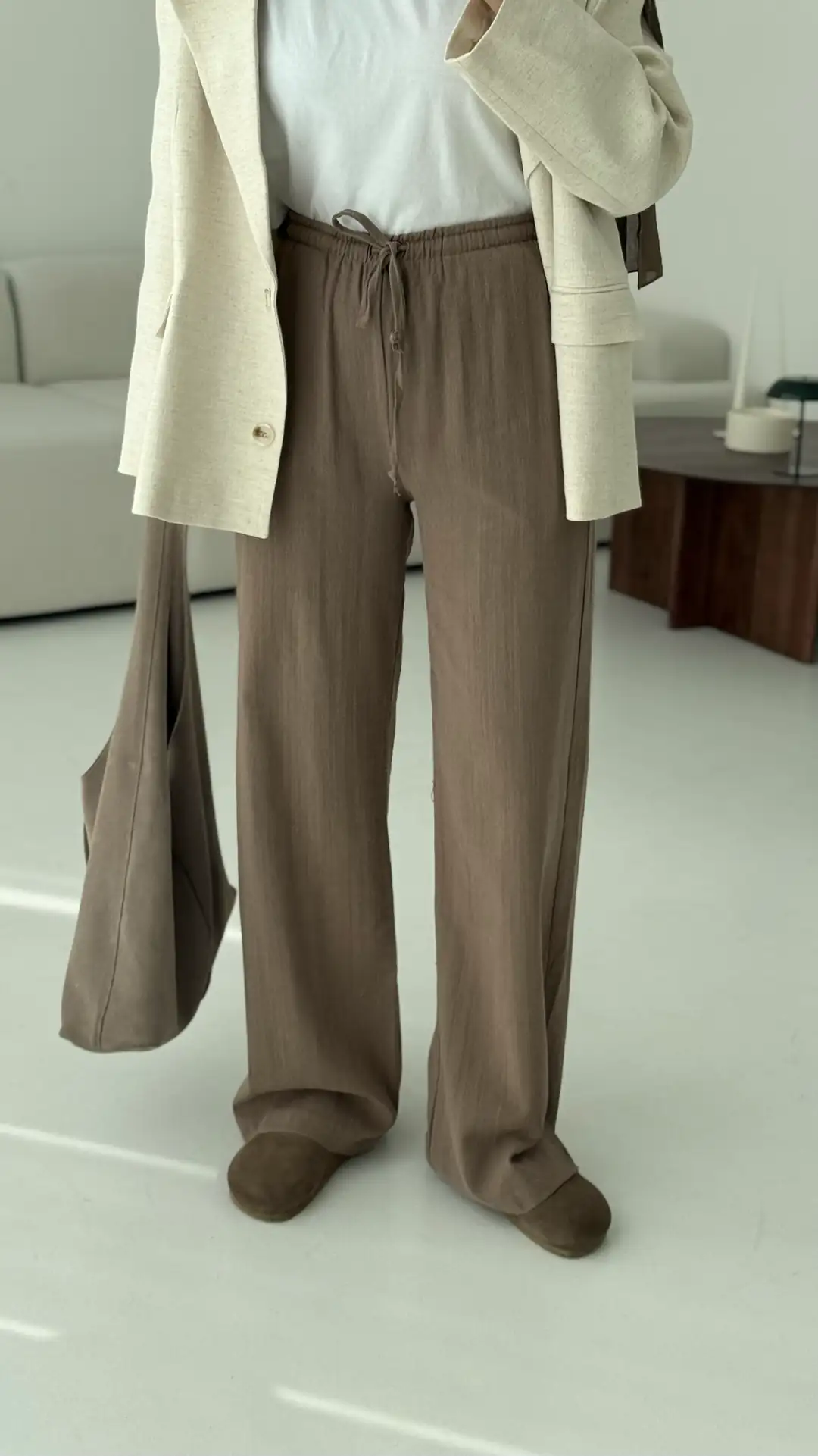 Tam Boy Keten Pantolon Kahve - Görsel 2