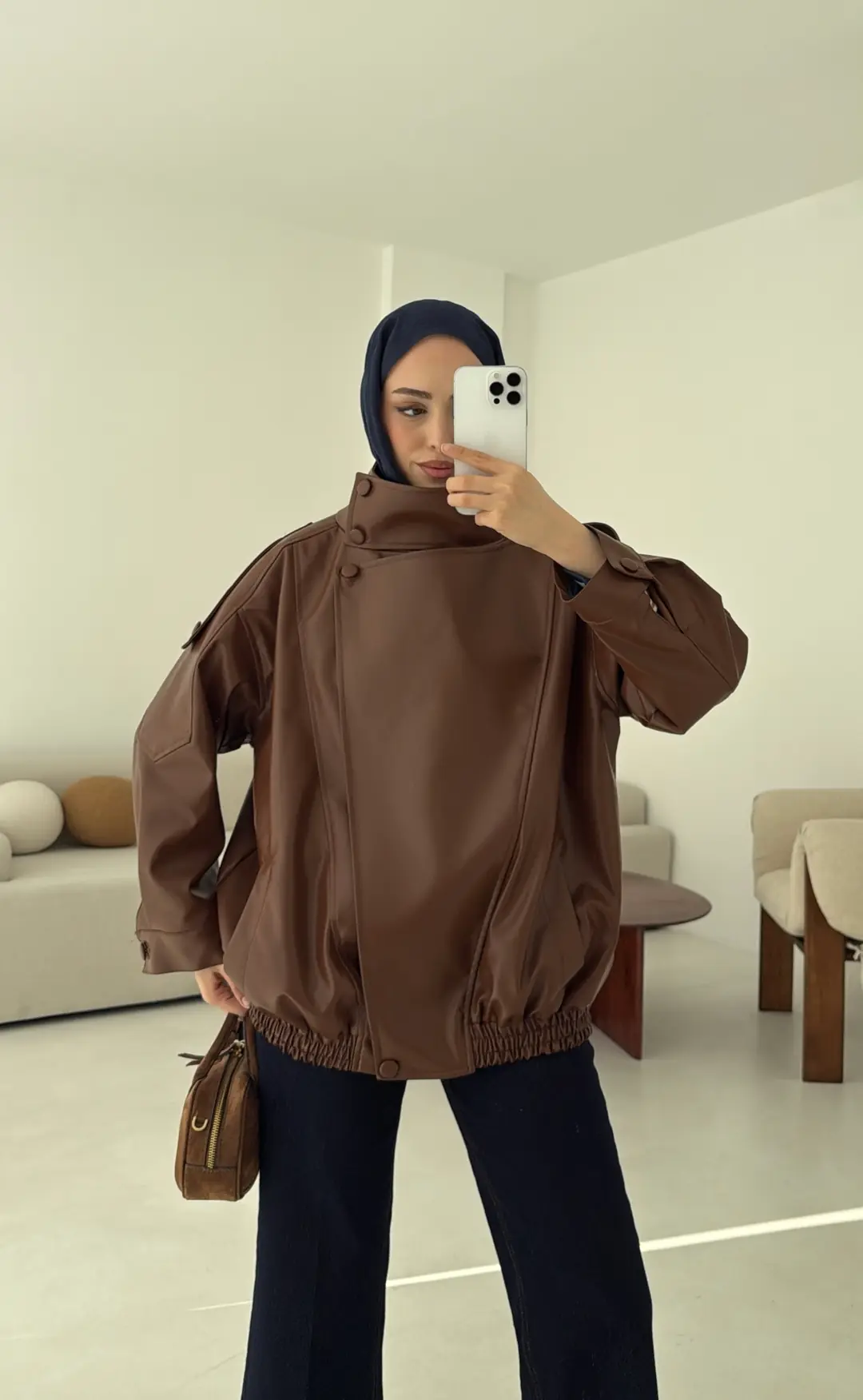 Tasarım Vintage Deri Ceket Kahve - Görsel 3