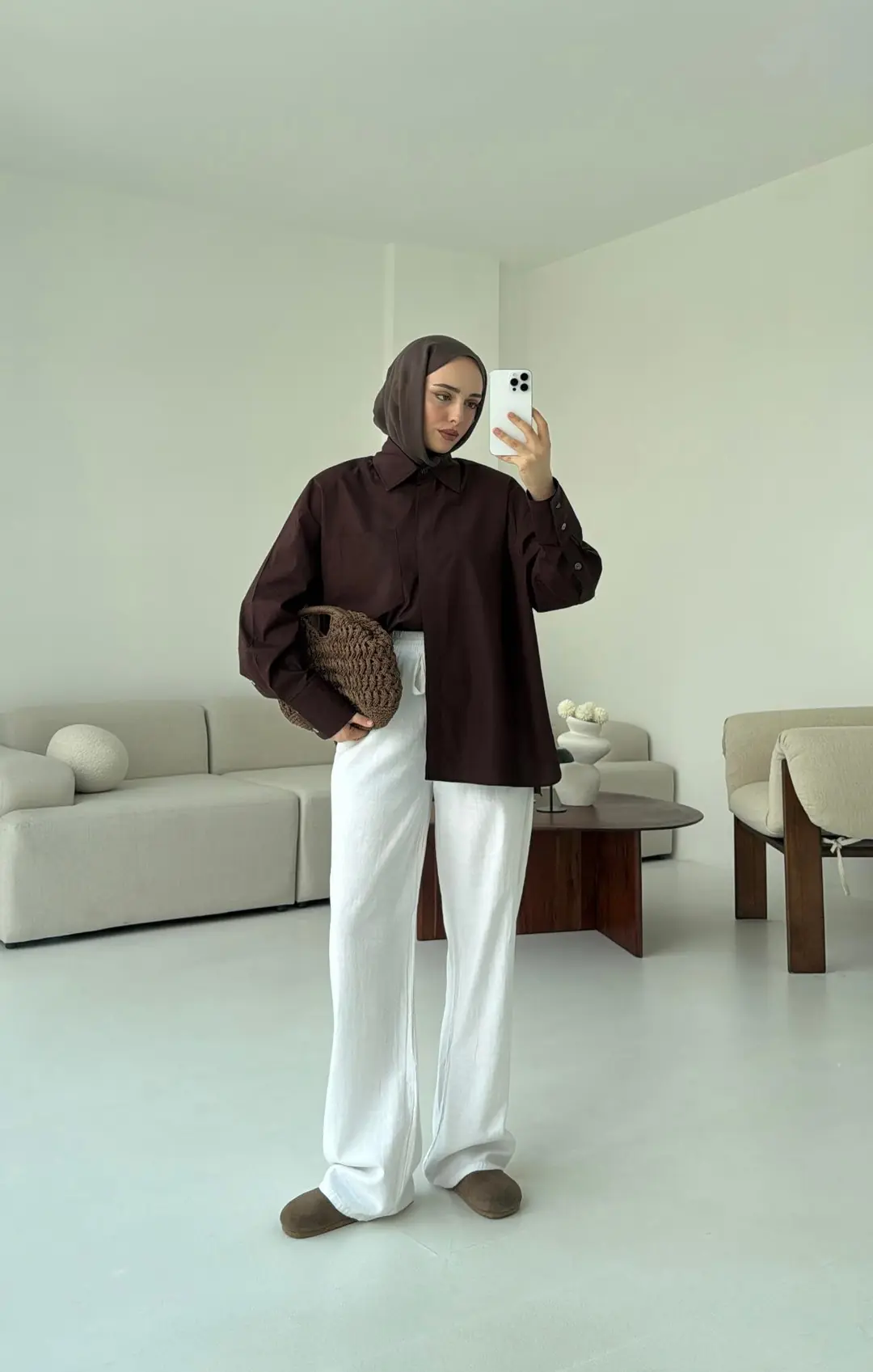 Tek Cepli Poplin Gömlek Acı Kahve - Görsel 3