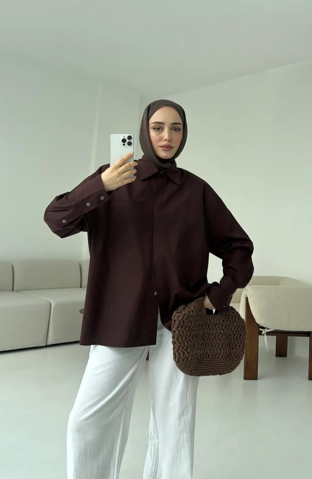 Tek Cepli Poplin Gömlek Acı Kahve - Görsel 5