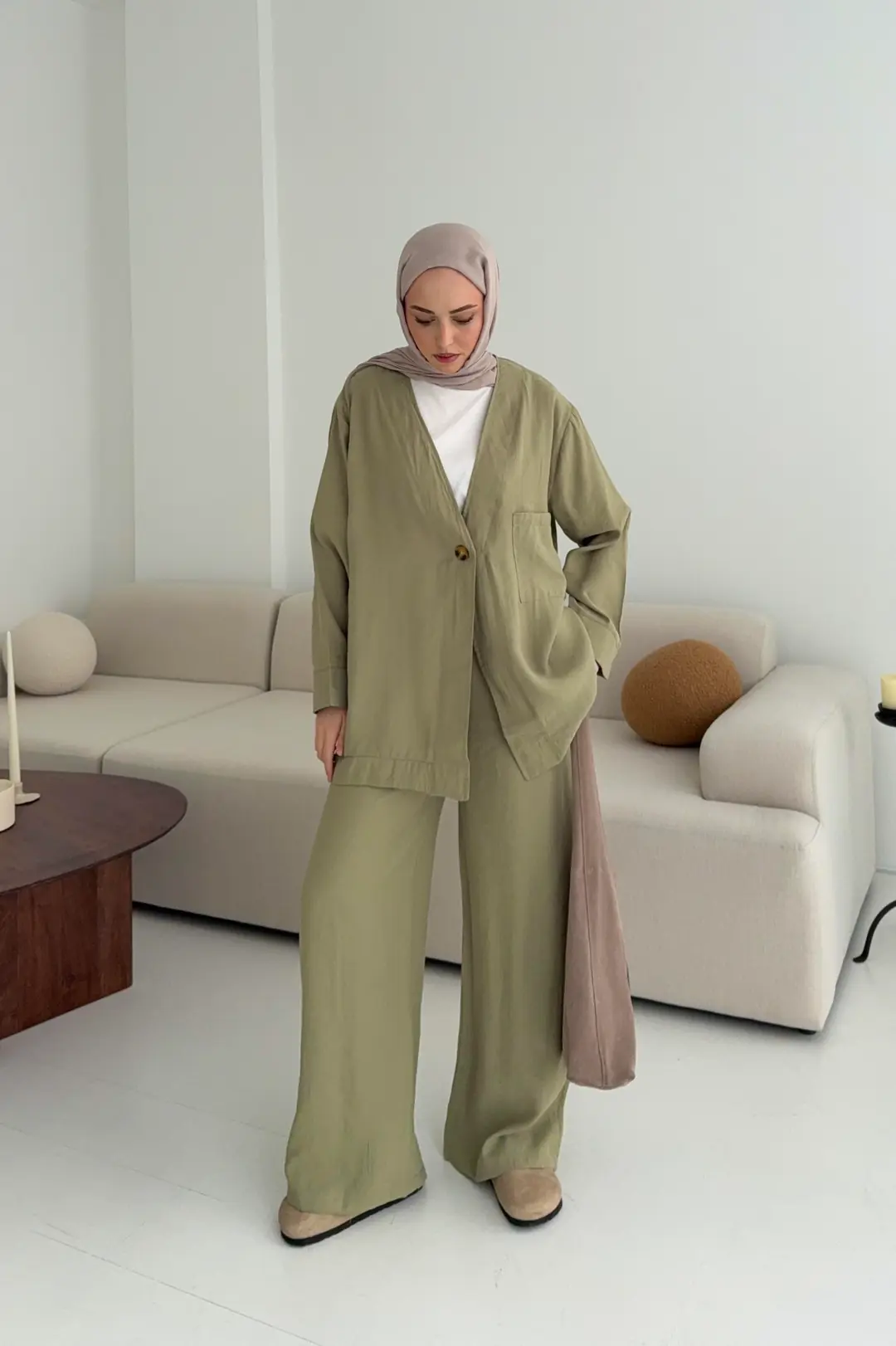 Tek Düğme Cepli Takım Açık Haki - Görsel 3