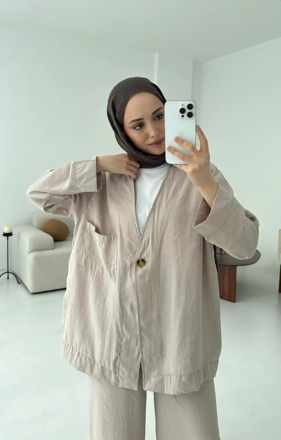 Tek Düğme Cepli Takım Bej - Görsel 2