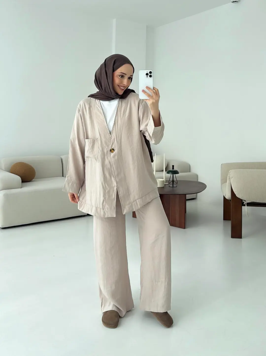 Tek Düğme Cepli Takım Bej - Görsel 3