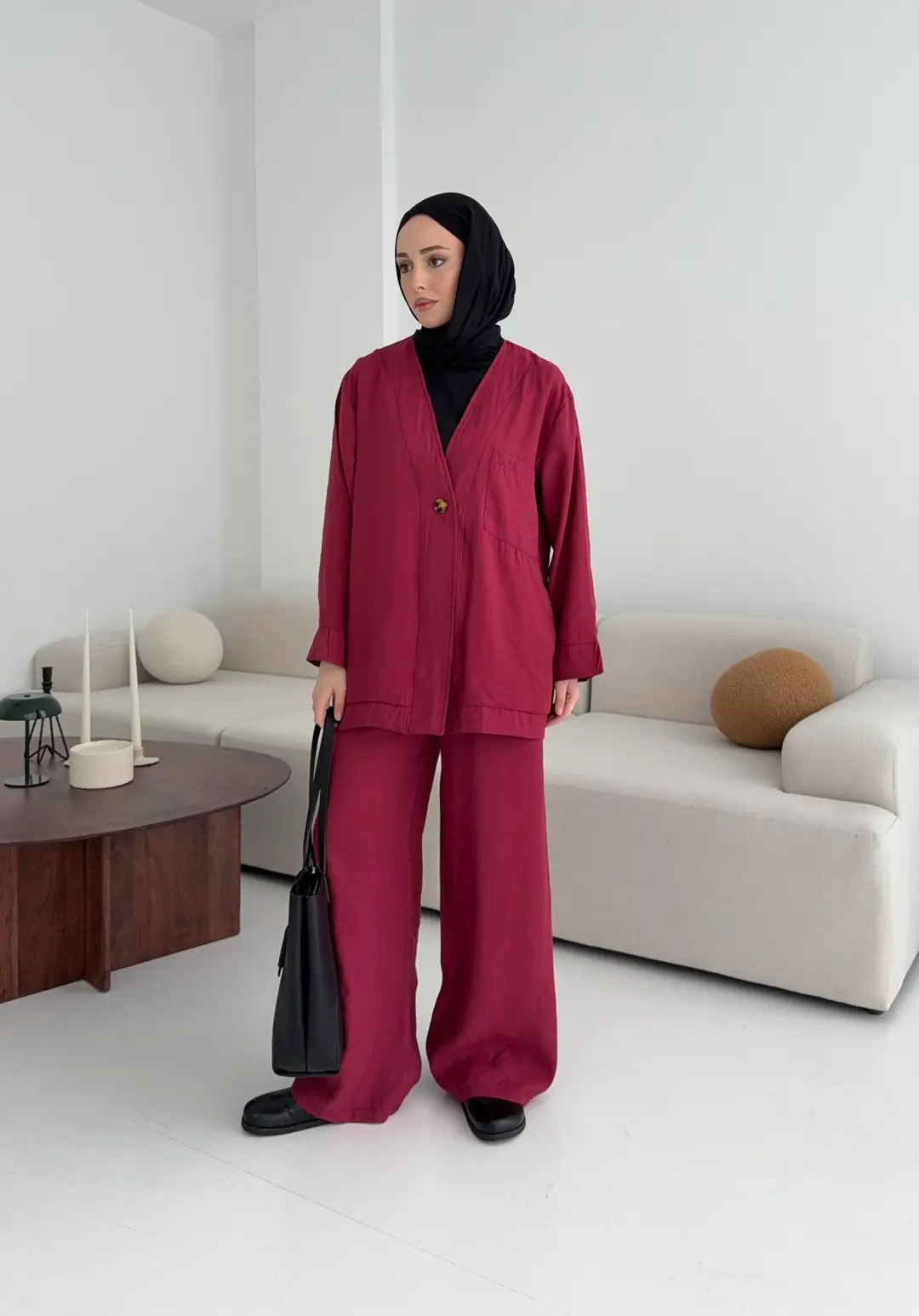 Tek Düğme Cepli Takım Bordo - Görsel 3