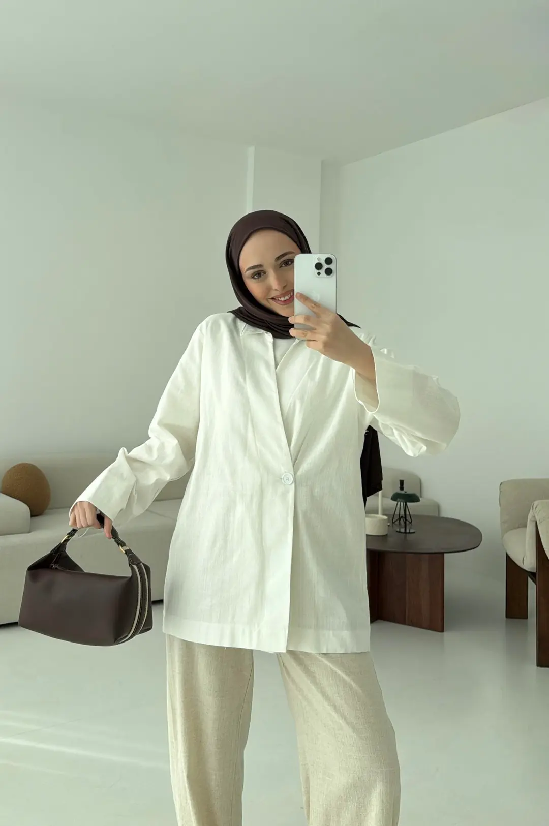 Tek Düğmeli Ceket Beyaz - Görsel 6