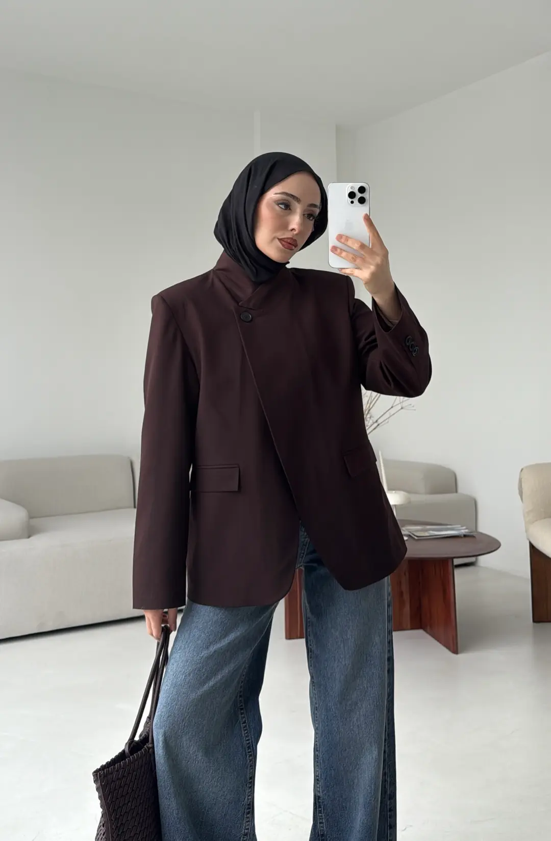 Tek Düğmeli Hakim Yaka Ceket Kahve - Görsel 5