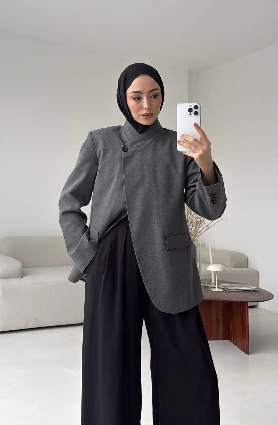 Tek Düğmeli Hakim Yaka Ceket Koyu Gri - Görsel 8