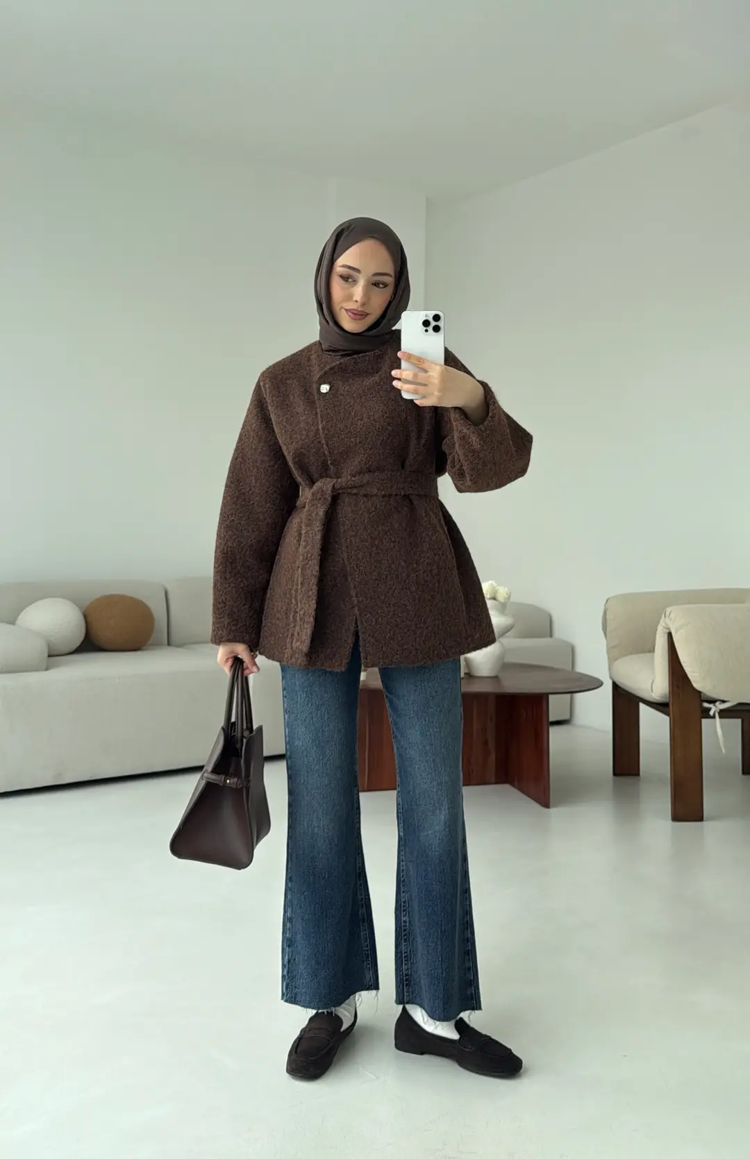 Tek Dügmeli Keçe Kaban Kahve - Görsel 3