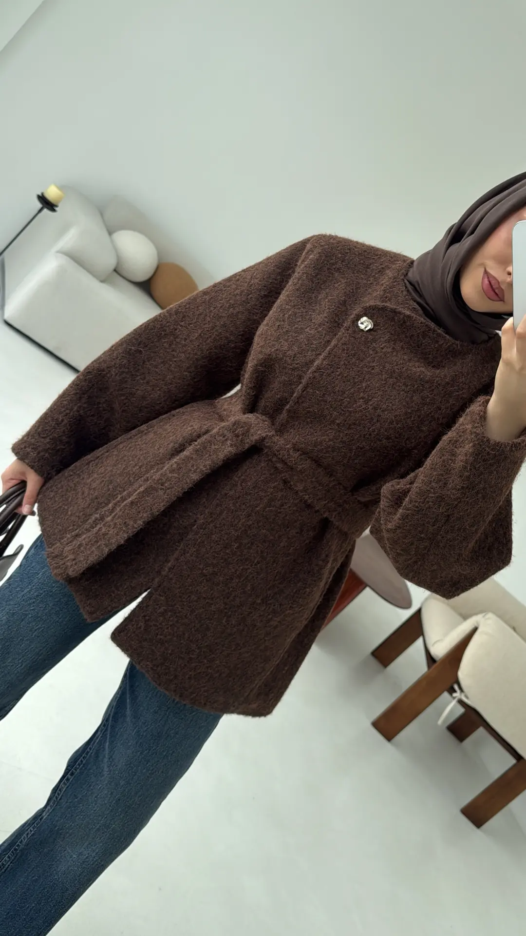 Tek Dügmeli Keçe Kaban Kahve - Görsel 6