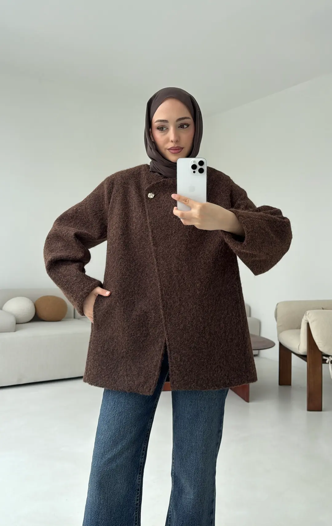 Tek Dügmeli Keçe Kaban Kahve - Görsel 7