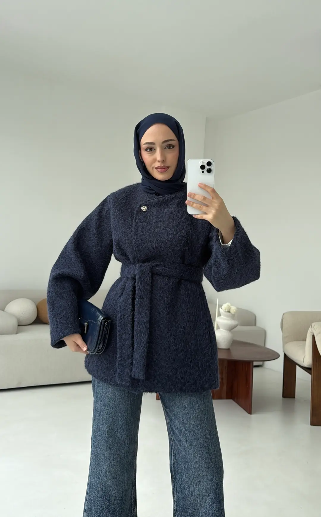 Tek Dügmeli Keçe Kaban Lacivert