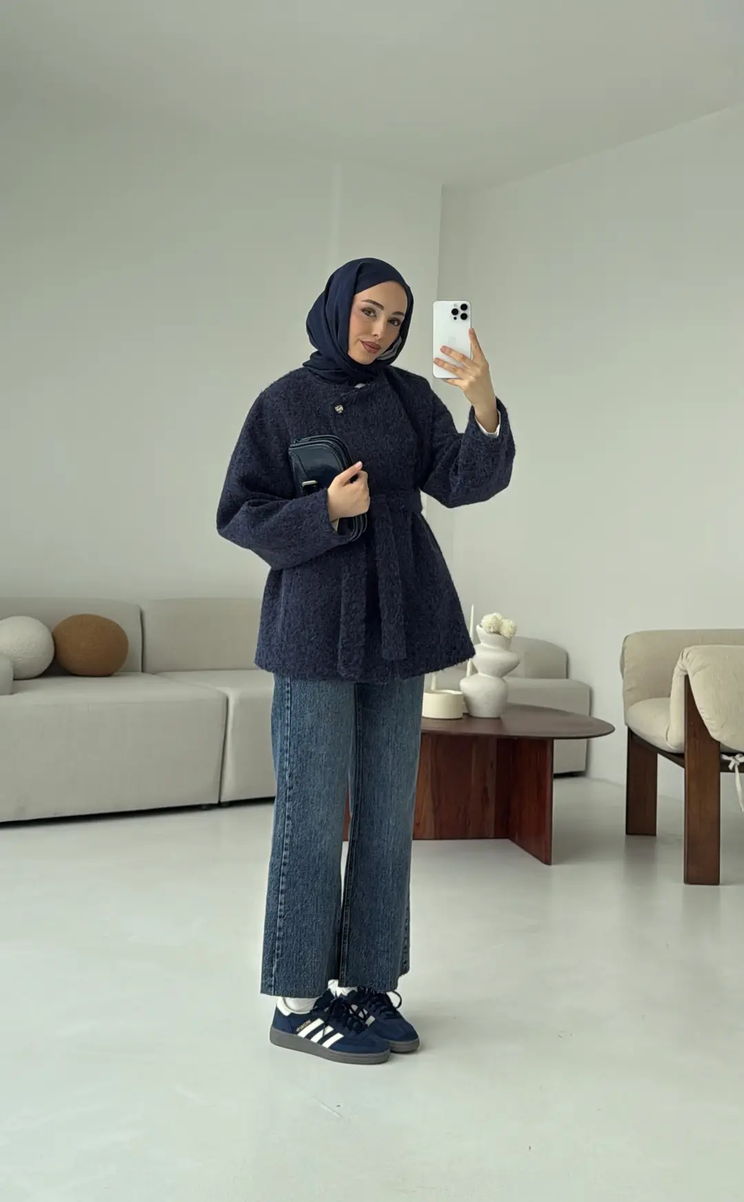 Tek Dügmeli Keçe Kaban Lacivert - Görsel 3