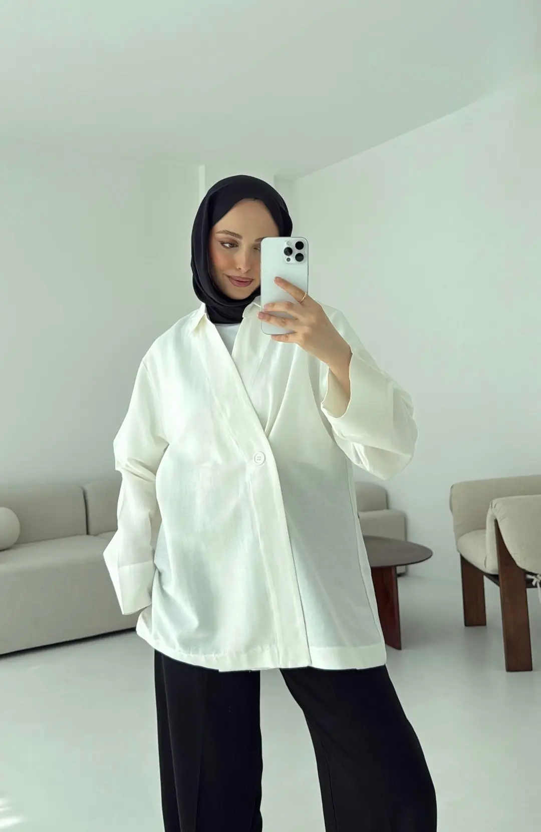 Tek Düğmeli Pamuk Keten Ceket Beyaz - Görsel 3