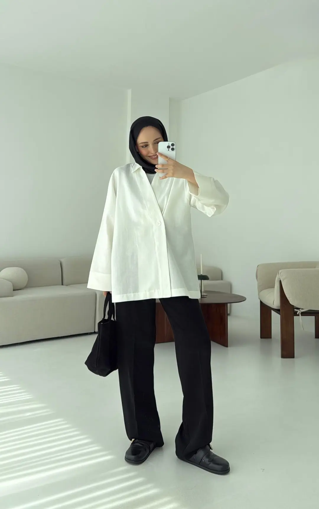 Tek Düğmeli Pamuk Keten Ceket Beyaz - Görsel 4