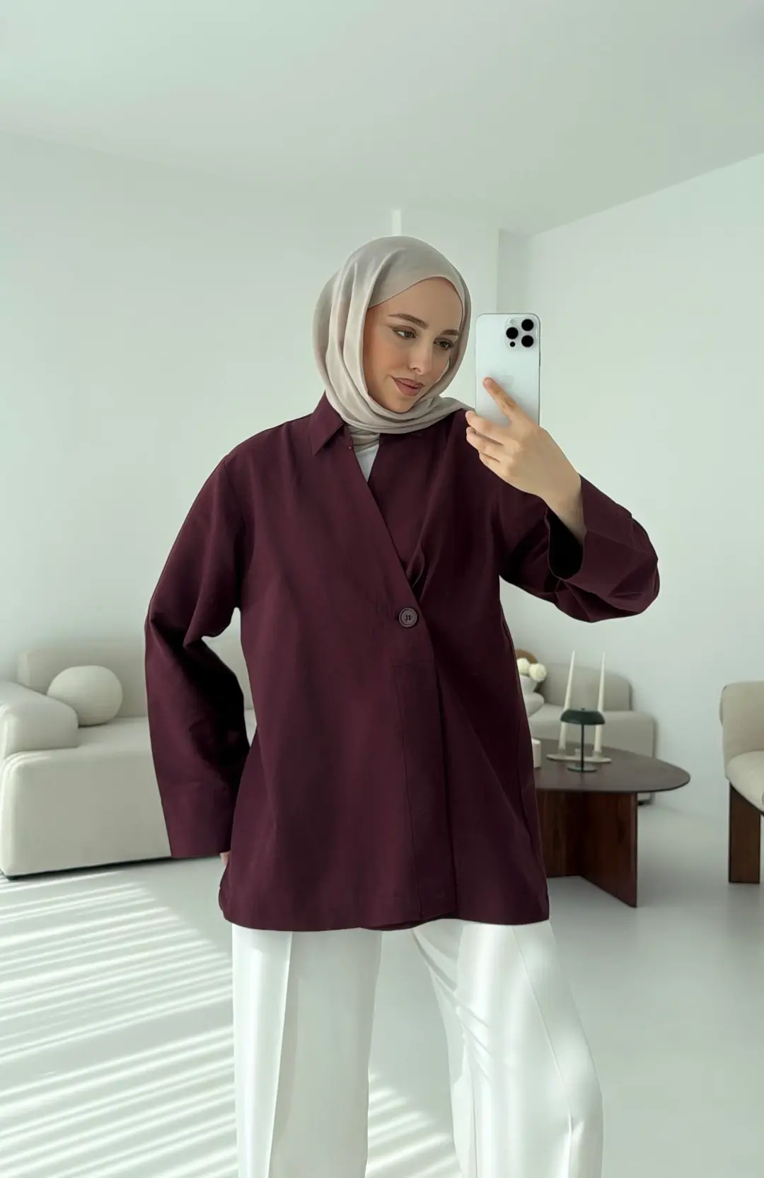 Tek Düğmeli Pamuk Keten Ceket Bordo