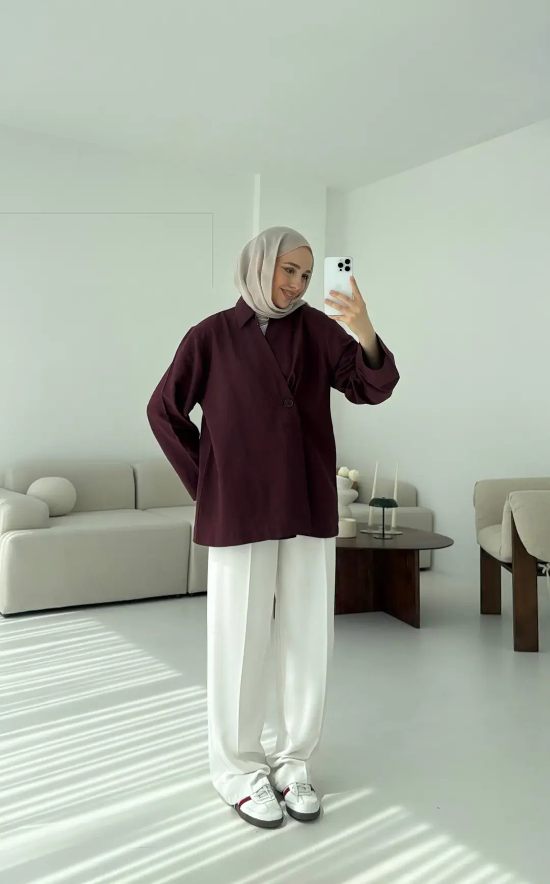 Tek Düğmeli Pamuk Keten Ceket Bordo - Görsel 2