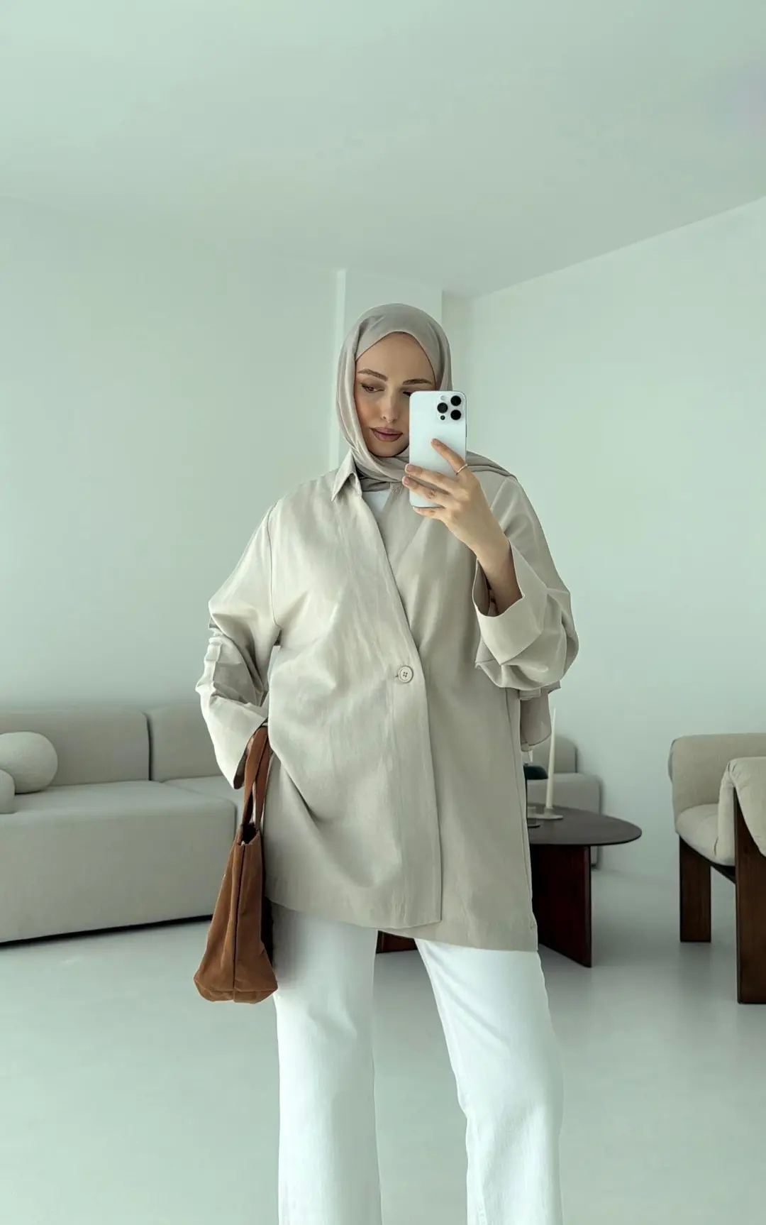 Tek Düğmeli Pamuk Keten Ceket Taş - Görsel 2