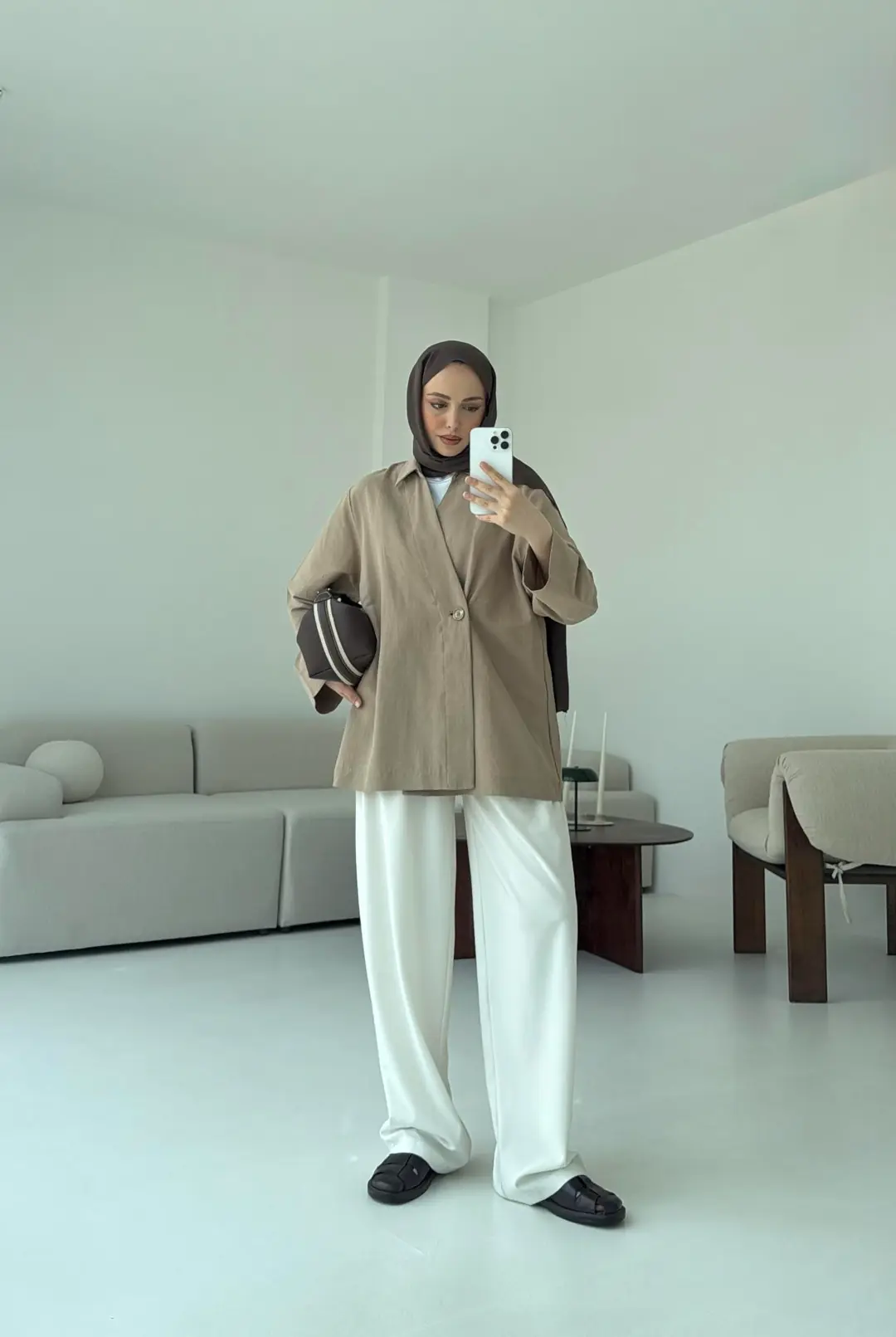 Tek Düğmeli Pamuk Keten Ceket  Vizon - Görsel 2