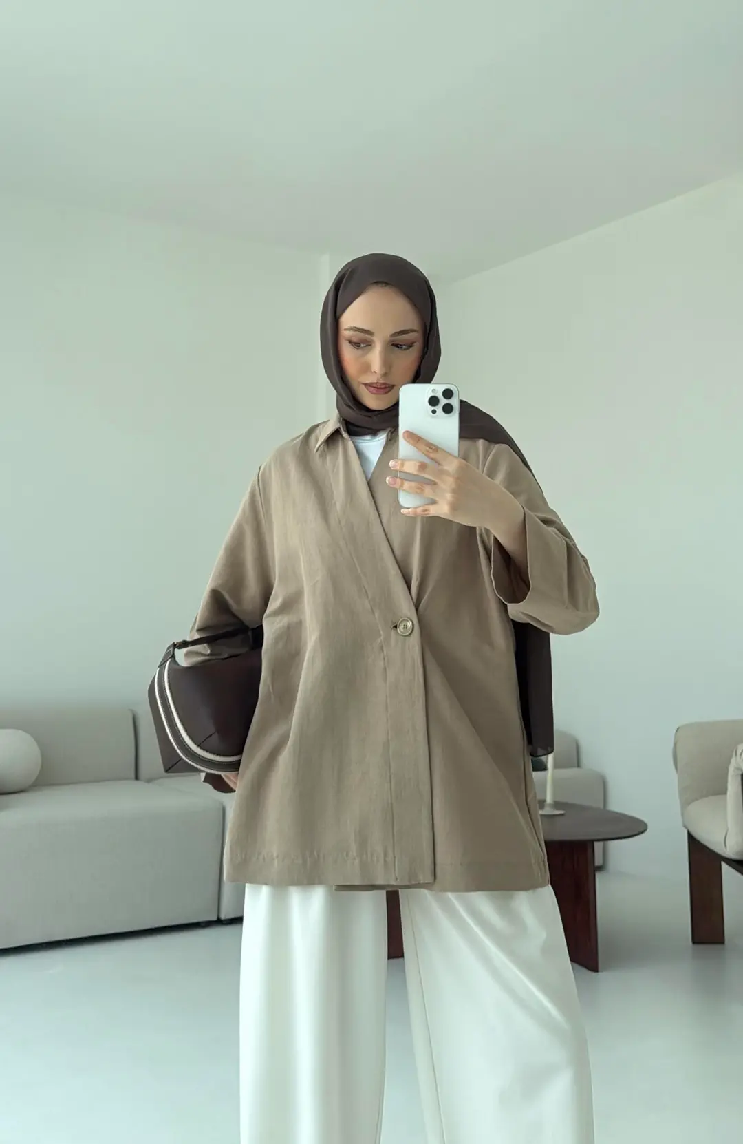 Tek Düğmeli Pamuk Keten Ceket  Vizon - Görsel 3