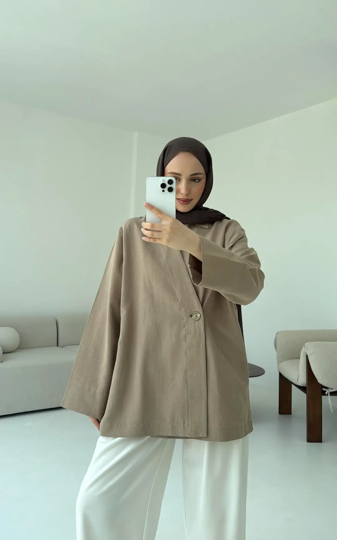 Tek Düğmeli Pamuk Keten Ceket  Vizon - Görsel 6