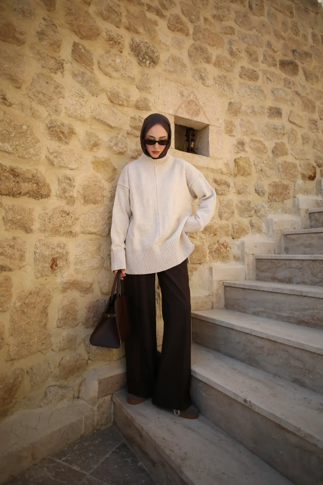 Tek Yaka Triko Kazak Bej - Görsel 2