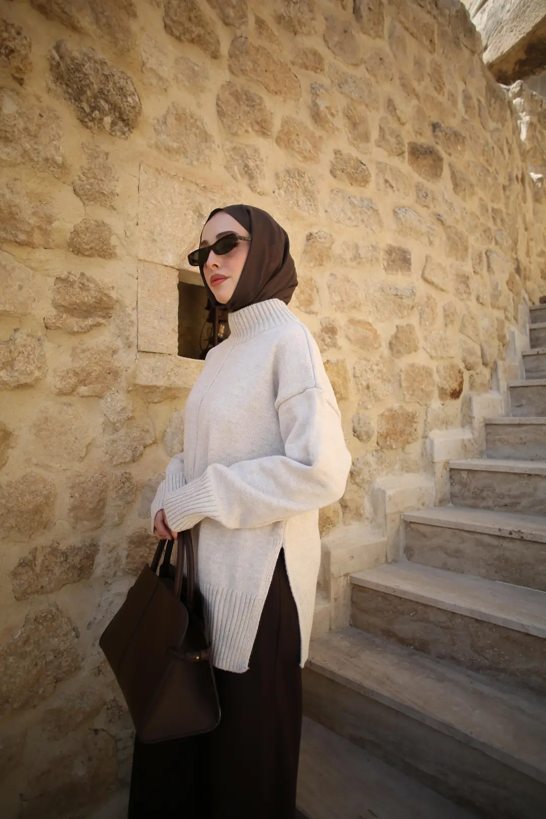 Tek Yaka Triko Kazak Bej - Görsel 3