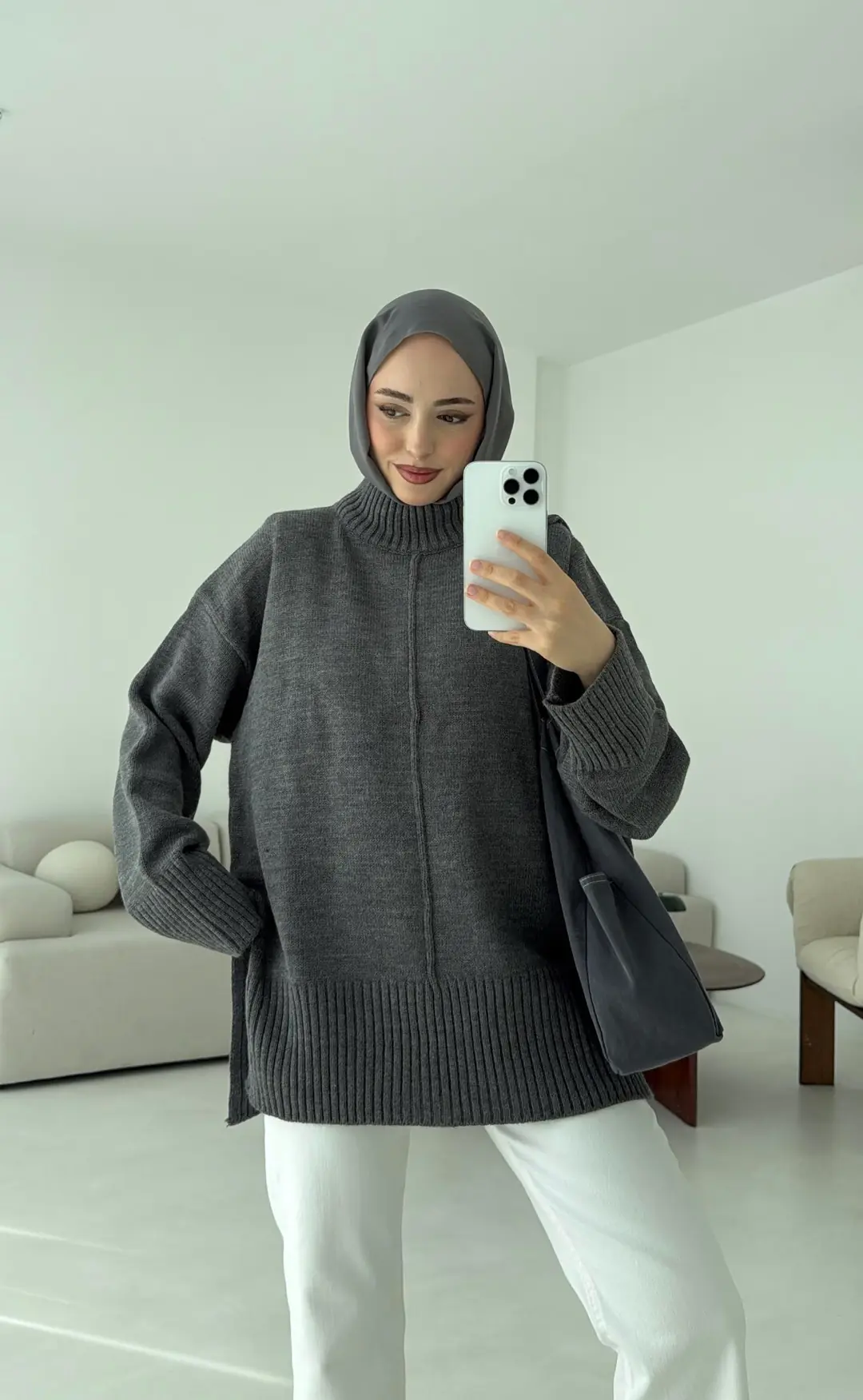 Tek Yaka Triko Kazak Gri