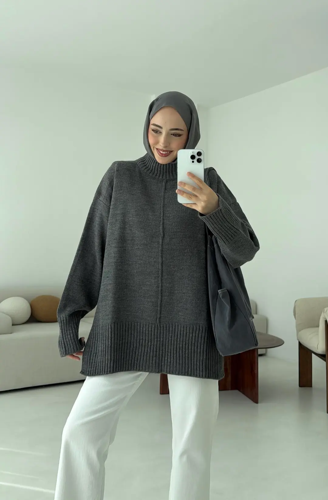 Tek Yaka Triko Kazak Gri - Görsel 3